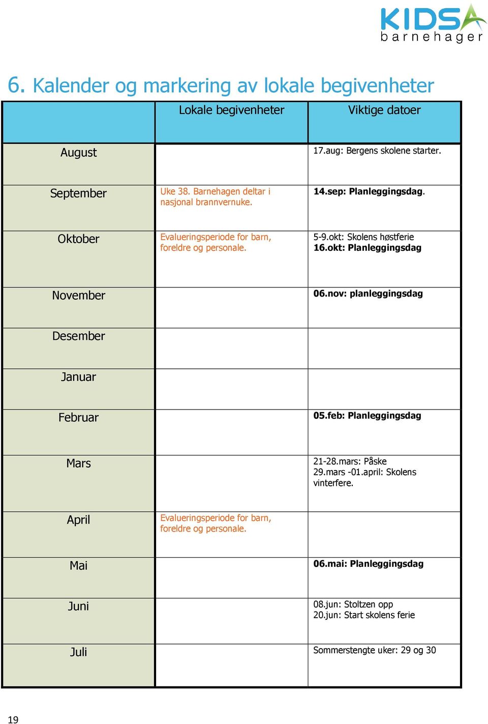 okt: Planleggingsdag November 06.nov: planleggingsdag Desember Januar Februar 05.feb: Planleggingsdag Mars 21-28.mars: Påske 29.mars -01.