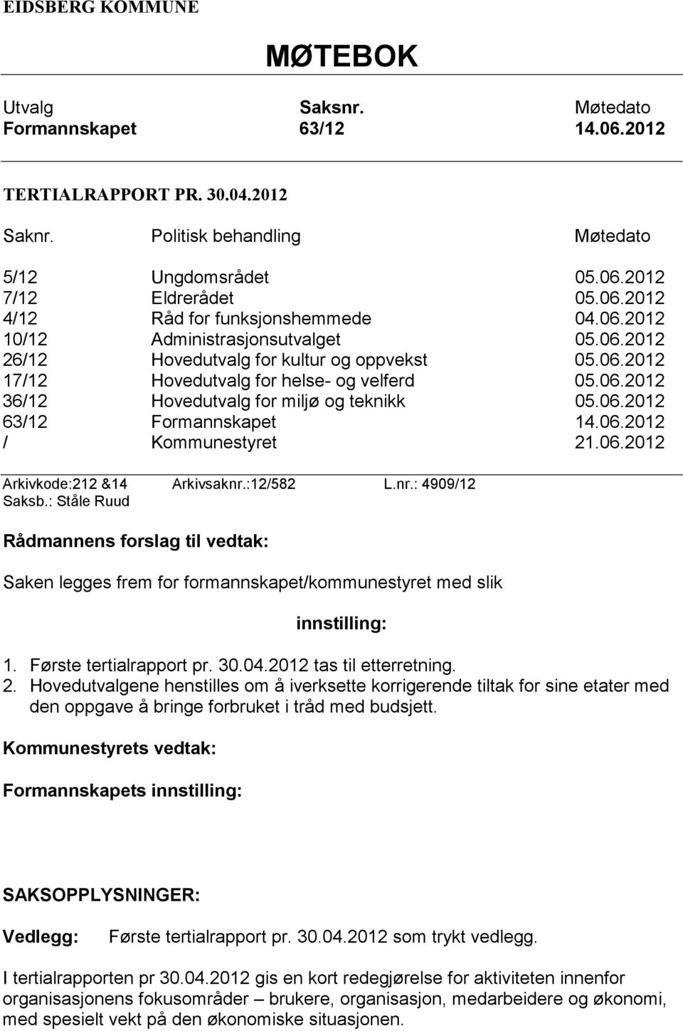 06.2012 / Kommunestyret 21.06.2012 Arkivkode:212 &14 Arkivsaknr.:12/582 L.nr.: 4909/12 Saksb.