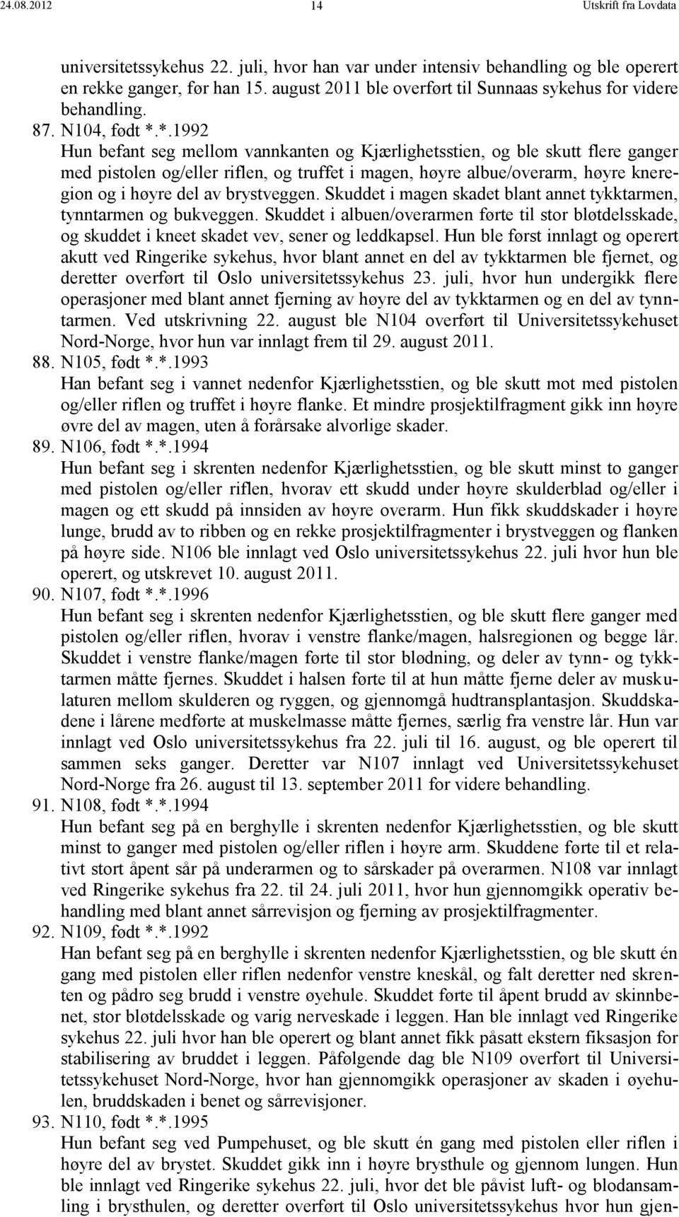 *.1992 Hun befant seg mellom vannkanten og Kjærlighetsstien, og ble skutt flere ganger med pistolen og/eller riflen, og truffet i magen, høyre albue/overarm, høyre kneregion og i høyre del av