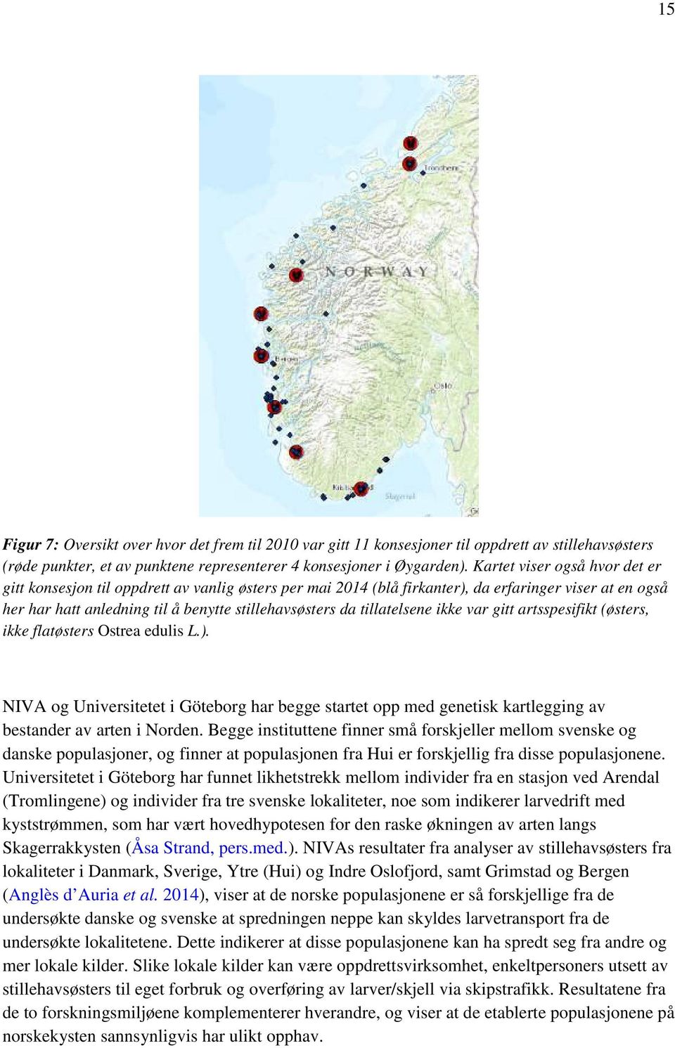 tillatelsene ikke var gitt artsspesifikt (østers, ikke flatøsters Ostrea edulis L.). NIVA og Universitetet i Göteborg har begge startet opp med genetisk kartlegging av bestander av arten i Norden.