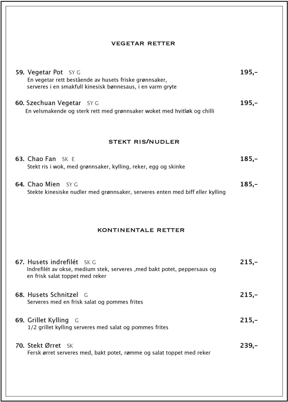 Chao Fan SK E 185,- Stekt ris i wok, med grønnsaker, kylling, reker, egg og skinke 64.