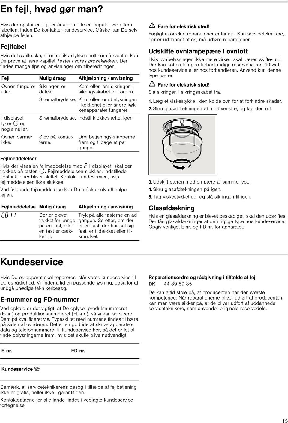 Fejl Mulig årsag Afhjælpning / anvisning Ovnen fungerer ikke. I displayet lyser 0 og nogle nuller. Ovnen varmer ikke. Fejlmeddelelser Sikringen er defekt.