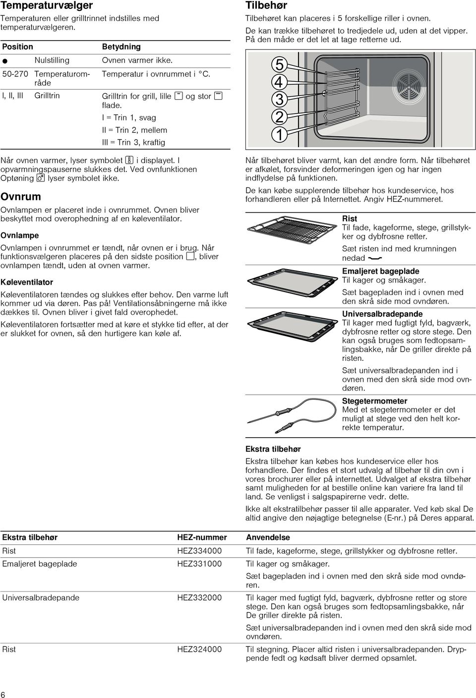 Ovnlampe Ovnlampen i ovnrummet er tændt, når ovnen er i brug. Når funktionsvælgeren placeres på den sidste position ", bliver ovnlampen tændt, uden at ovnen varmer.