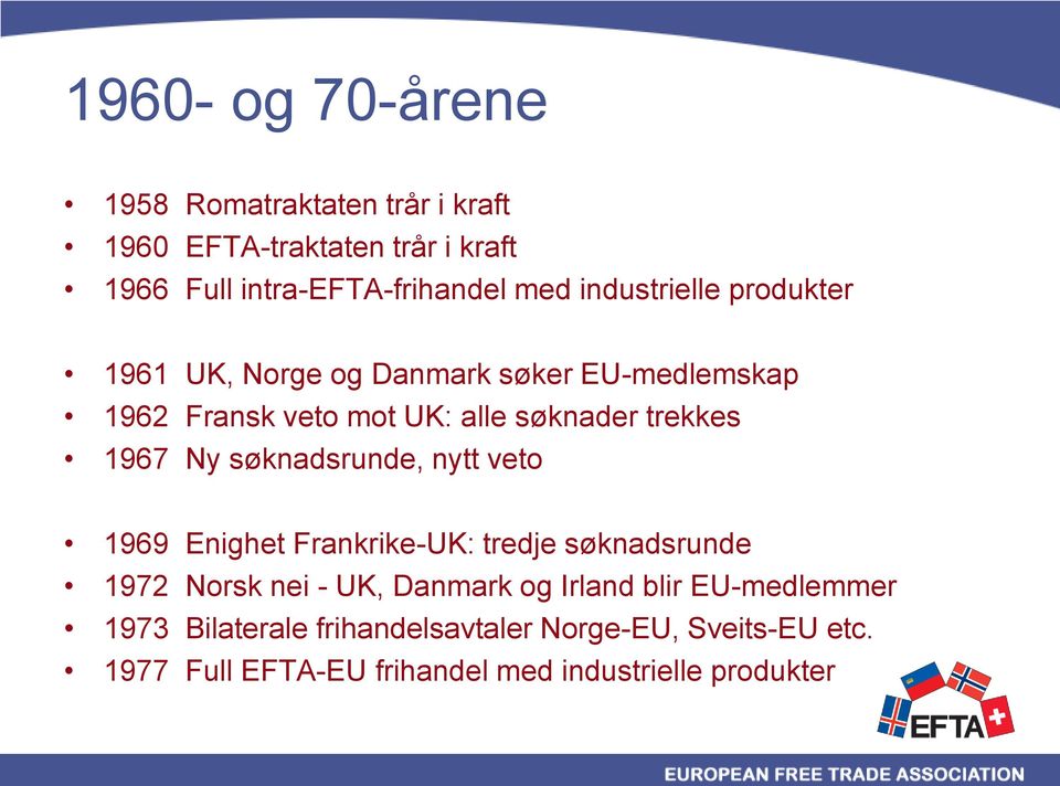 Ny søknadsrunde, nytt veto 1969 Enighet Frankrike-UK: tredje søknadsrunde 1972 Norsk nei - UK, Danmark og Irland blir