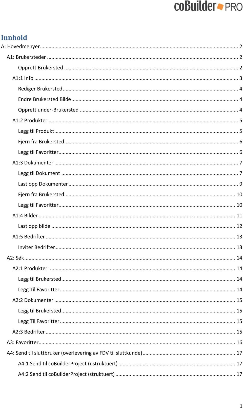 .. 10 A1:4 Bilder... 11 Last opp bilde... 12 A1:5 Bedrifter... 13 Inviter Bedrifter... 13 A2: Søk... 14 A2:1 Produkter... 14 Legg til Brukersted... 14 Legg Til Favoritter... 14 A2:2 Dokumenter.