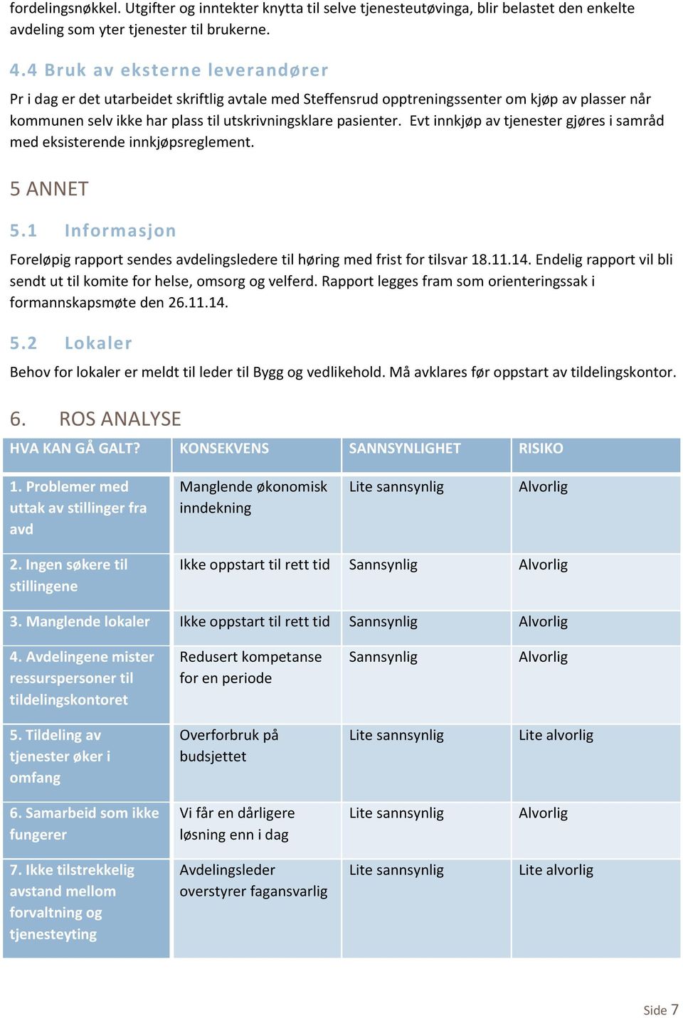 Evt innkjøp av tjenester gjøres i samråd med eksisterende innkjøpsreglement. 5 ANNET 5.1 Informasjon Foreløpig rapport sendes avdelingsledere til høring med frist for tilsvar 18.11.14.