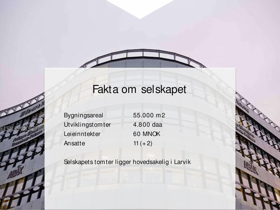 800 daa Leieinntekter 60 MNOK Ansatte 11 (+2) LSKAPETS