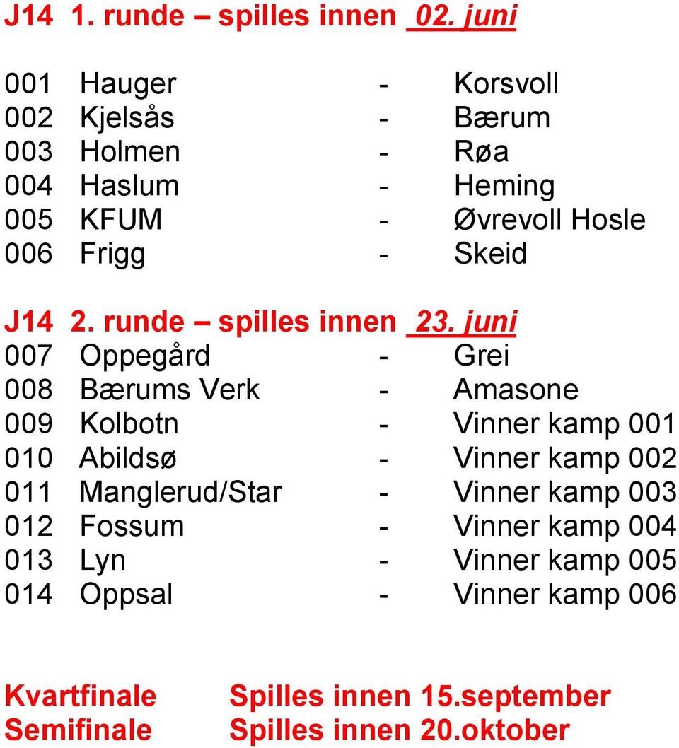 Frigg - Skeid J14 2. runde spilles innen 23.