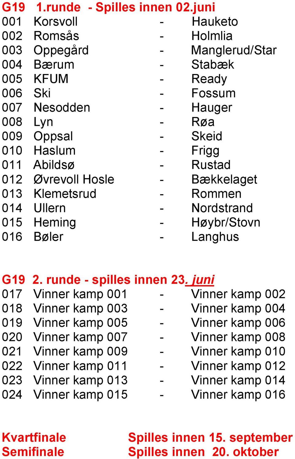 Haslum - Frigg 011 Abildsø - Rustad 012 Øvrevoll Hosle - Bækkelaget 013 Klemetsrud - Rommen 014 Ullern - Nordstrand 015 Heming - Høybr/Stovn 016 Bøler - Langhus G19 2. runde - spilles innen 23.