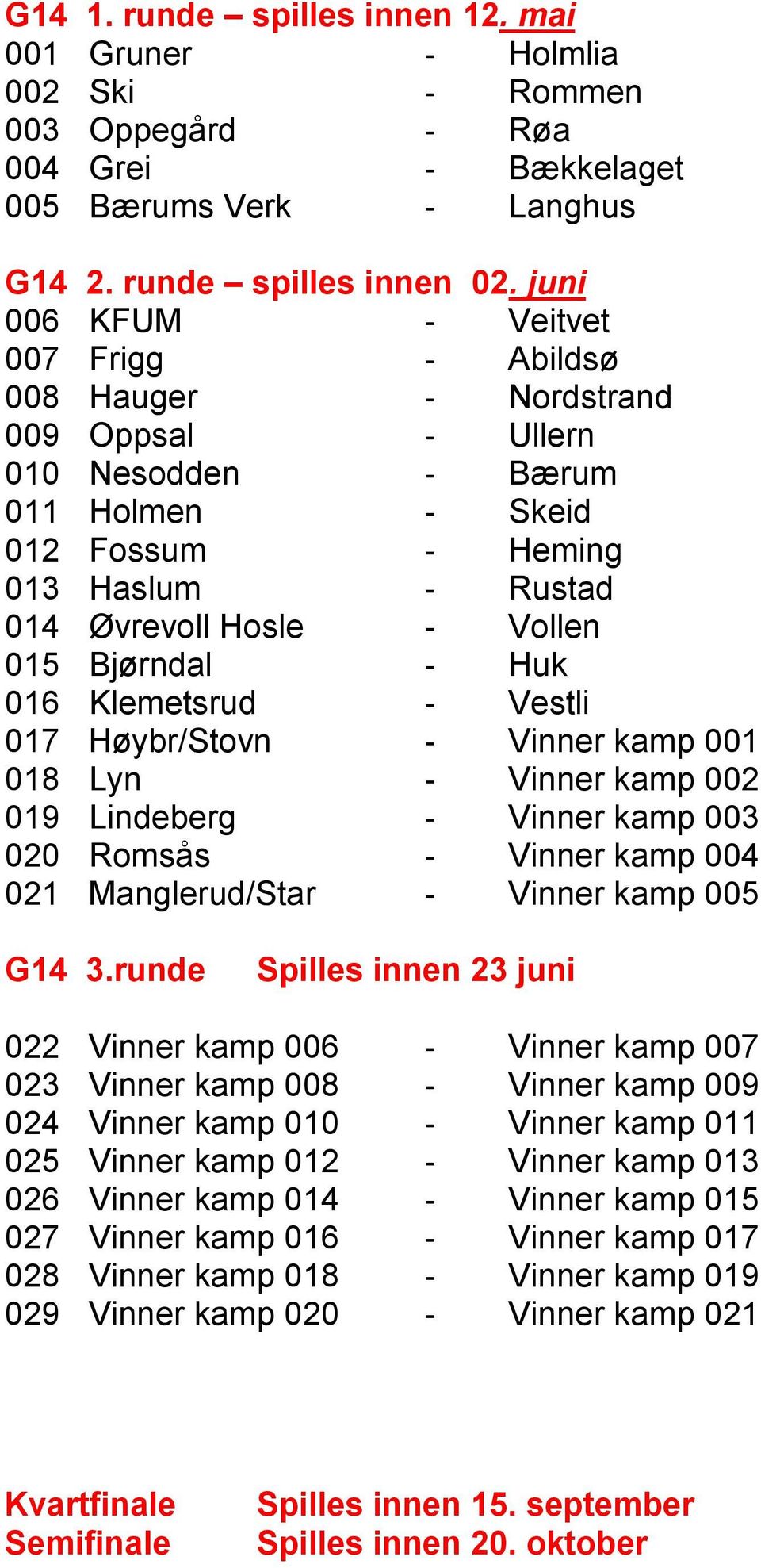 Bjørndal - Huk 016 Klemetsrud - Vestli 017 Høybr/Stovn - Vinner kamp 001 018 Lyn - Vinner kamp 002 019 Lindeberg - Vinner kamp 003 020 Romsås - Vinner kamp 004 021 Manglerud/Star - Vinner kamp 005