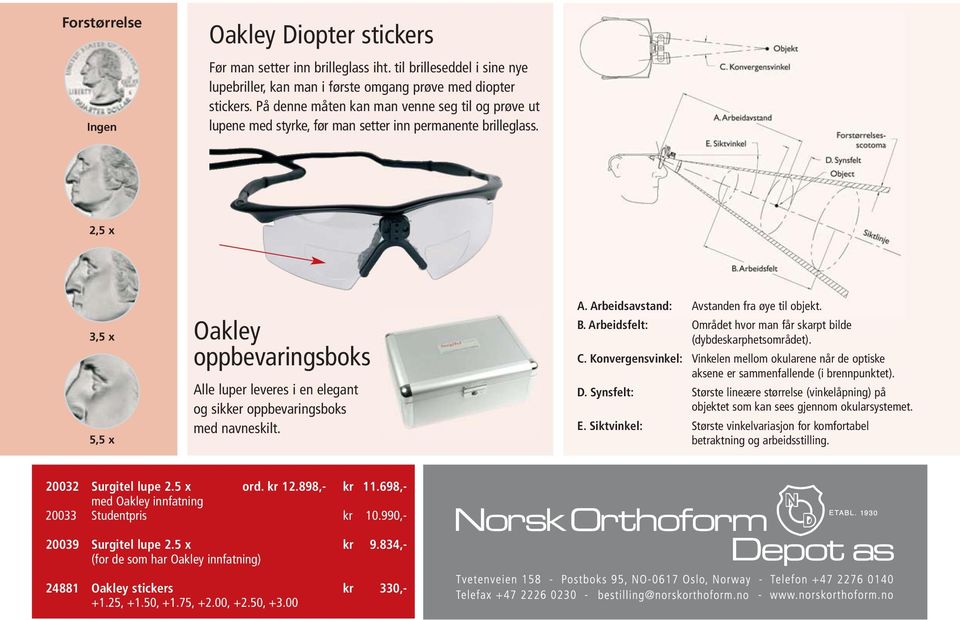 2,5 x 3,5 x 5,5 x Oakley oppbevaringsboks Alle luper leveres i en elegant og sikker oppbevaringsboks med navneskilt. A. Arbeidsavstand: Avstanden fra øye til objekt. B.
