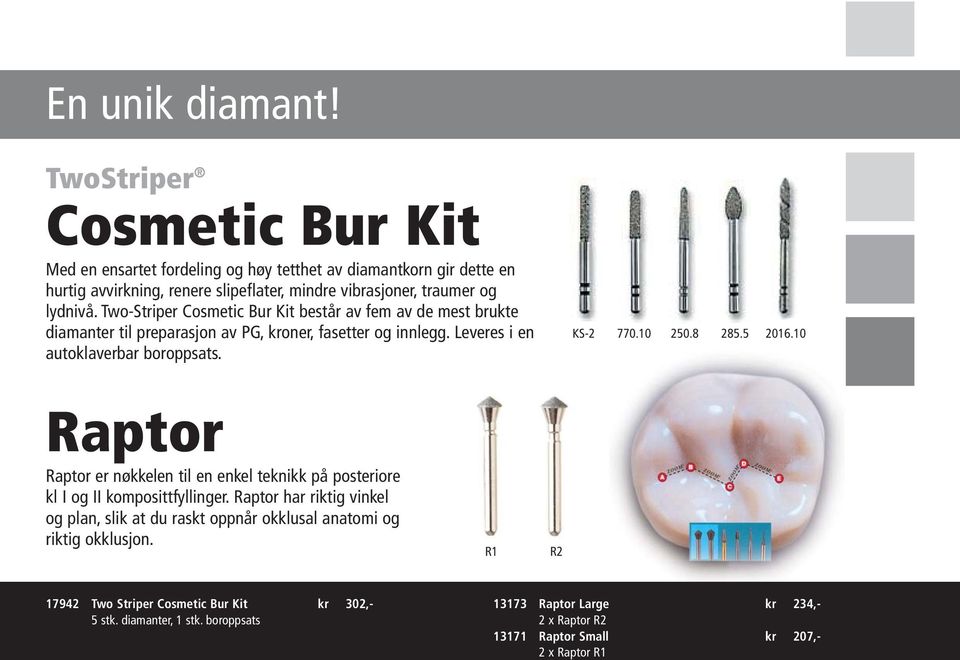 Two-Striper Cosmetic Bur Kit består av fem av de mest brukte diamanter til preparasjon av PG, kroner, fasetter og innlegg. Leveres i en autoklaverbar boroppsats. KS-2 770.10 250.8 285.