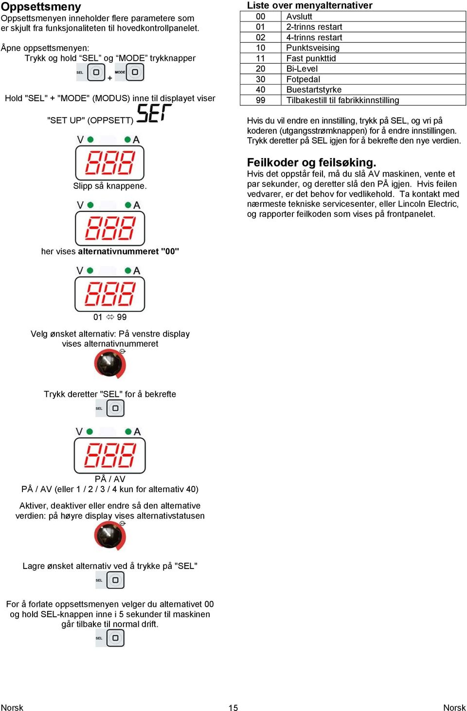 Liste over menyalternativer 00 Avslutt 01 2-trinns restart 02 4-trinns restart 10 Punktsveising 11 Fast punkttid 20 Bi-Level 30 Fotpedal 40 Buestartstyrke 99 Tilbakestill til fabrikkinnstilling Hvis