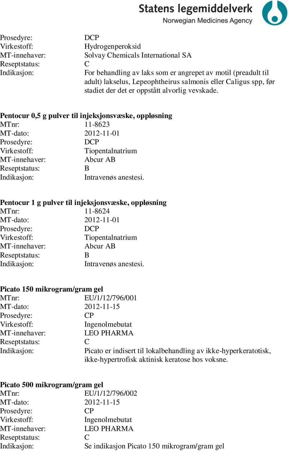 Pentocur 1 g pulver til injeksjonsvæske, oppløsning MTnr: 11-8624 MT-dato: 2012-11-01 DP Tiopentalnatrium Abcur AB B Intravenøs anestesi.