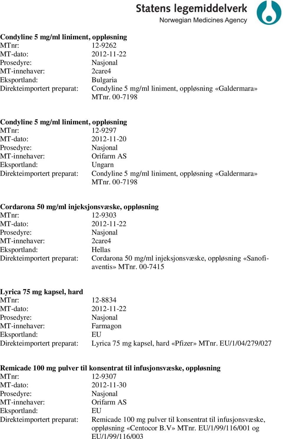 00-7198 ordarona 50 mg/ml injeksjonsvæske, oppløsning MTnr: 12-9303 MT-dato: 2012-11-22 2care4 Eksportland: Direkteimportert preparat: Hellas ordarona 50 mg/ml injeksjonsvæske, oppløsning