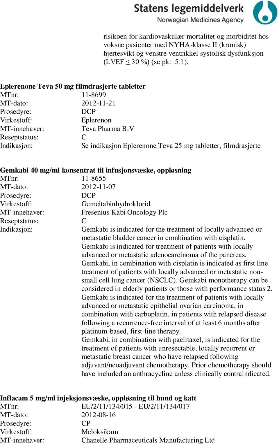 V Se indikasjon Eplerenone Teva 25 mg tabletter, filmdrasjerte Gemkabi 40 mg/ml konsentrat til infusjonsvæske, oppløsning MTnr: 11-8655 MT-dato: 2012-11-07 DP Gemcitabinhydroklorid Fresenius Kabi
