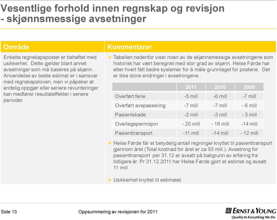 Tabellen nedenfor viser noen av de skjønnsmessige avsetningene som historisk har vært beregnet med stor grad av skjønn.