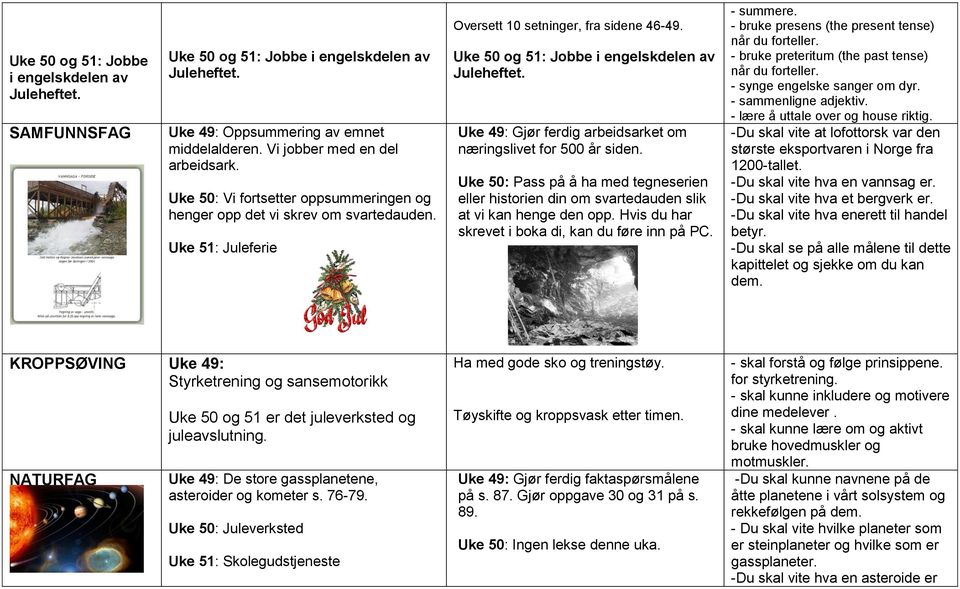 Uke 49: Gjør ferdig arbeidsarket om næringslivet for 500 år siden. Uke 50: Pass på å ha med tegneserien eller historien din om svartedauden slik at vi kan henge den opp.