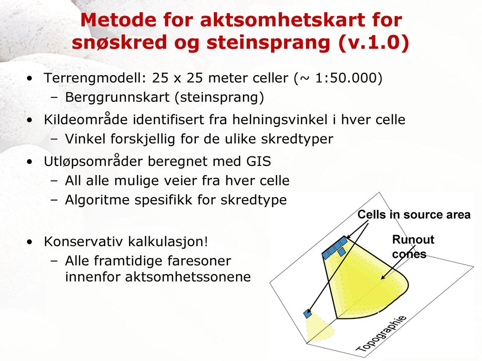 de ulike skredtyper Utløpsområder beregnet med GIS All alle mulige veier fra hver celle Algoritme spesifikk for