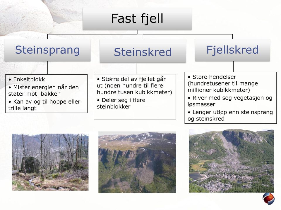 tusen kubikkmeter) Deler seg i flere steinblokker Store hendelser (hundretusener til mange