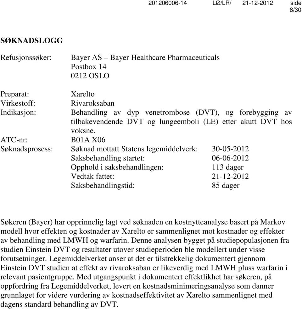 ATC-nr: B01A X06 Søknadsprosess: Søknad mottatt Statens legemiddelverk: 30-05-2012 Saksbehandling startet: 06-06-2012 Opphold i saksbehandlingen: 113 dager Vedtak fattet: 21-12-2012