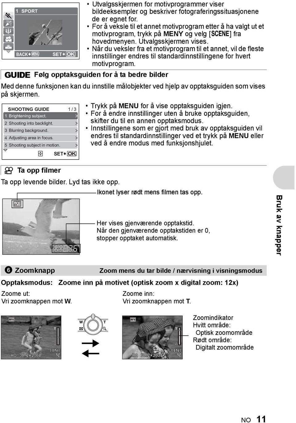 SET OK Utvalgsskjermen for motivprogrammer viser bildeeksempler og beskriver fotograferingssituasjonene de er egnet for.