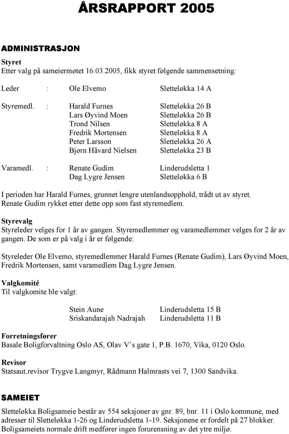 Varamedl. : Renate Gudim Linderudsletta 1 Dag Lygre Jensen Sletteløkka 6 B I perioden har Harald Furnes, grunnet lengre utenlandsopphold, trådt ut av styret.