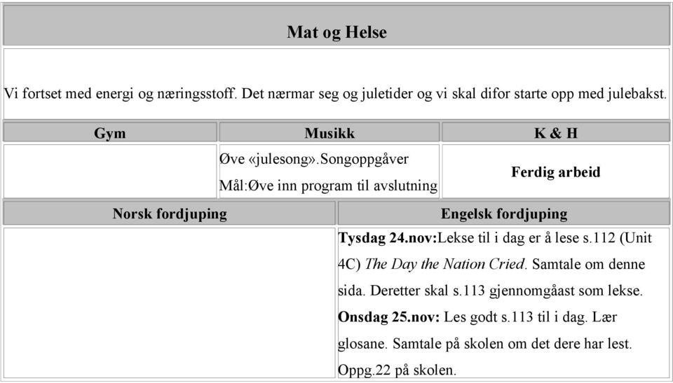 songoppgåver Ferdig arbeid Øve inn program til avslutning Norsk fordjuping Engelsk fordjuping Tysdag 24.