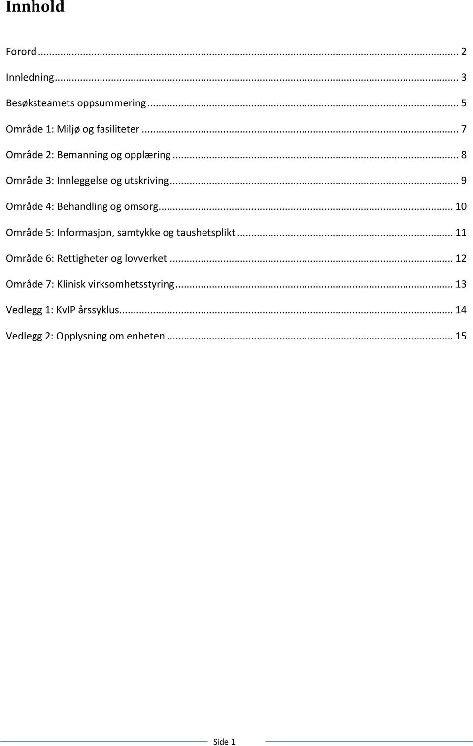 .. 9 Område 4: Behandling og omsorg... 10 Område 5: Informasjon, samtykke og taushetsplikt.