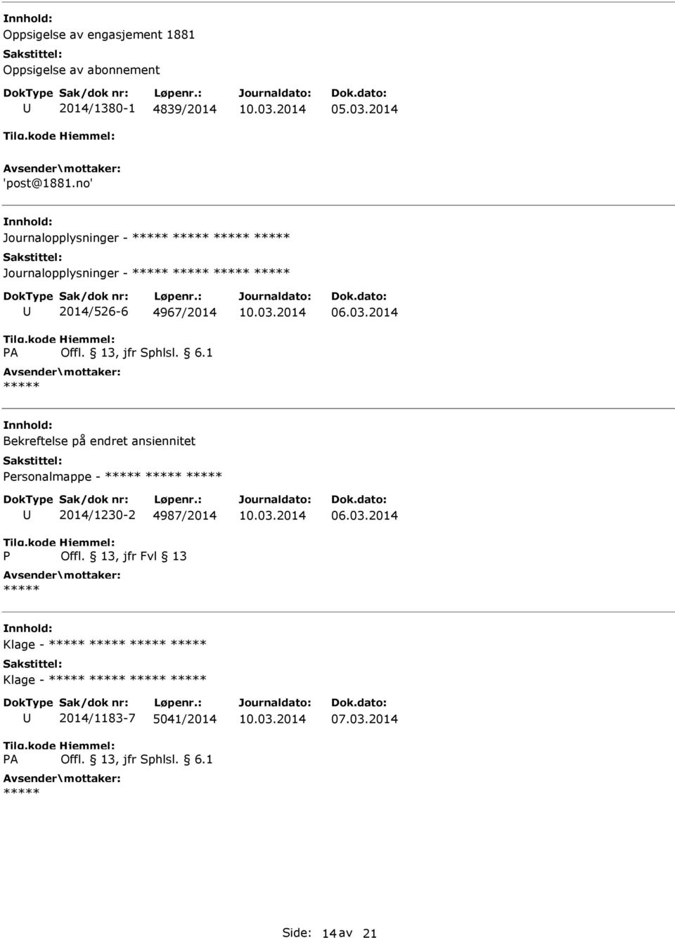 no' Journalopplysninger - Journalopplysninger - A 2014/526-6 4967/2014 06.03.