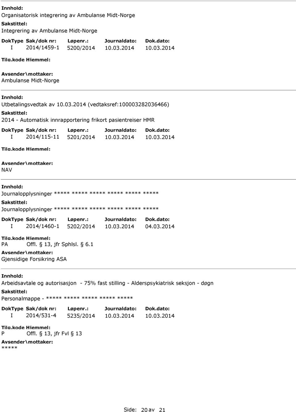 2014/115-11 5201/2014 NAV Journalopplysninger Journalopplysninger A 2014/1460-1 5202/2014 Gjensidige Forsikring ASA 04.03.