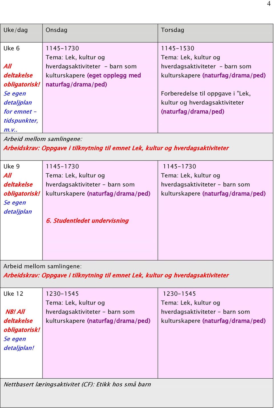 i Lek, kultur og hverdagsaktiviteter (naturfag/drama/ped) tidspunkter, m.v.. Arbeidskrav: Oppgave i tilknytning til emnet Lek, kultur og hverdagsaktiviteter Uke 9 All obligatorisk!