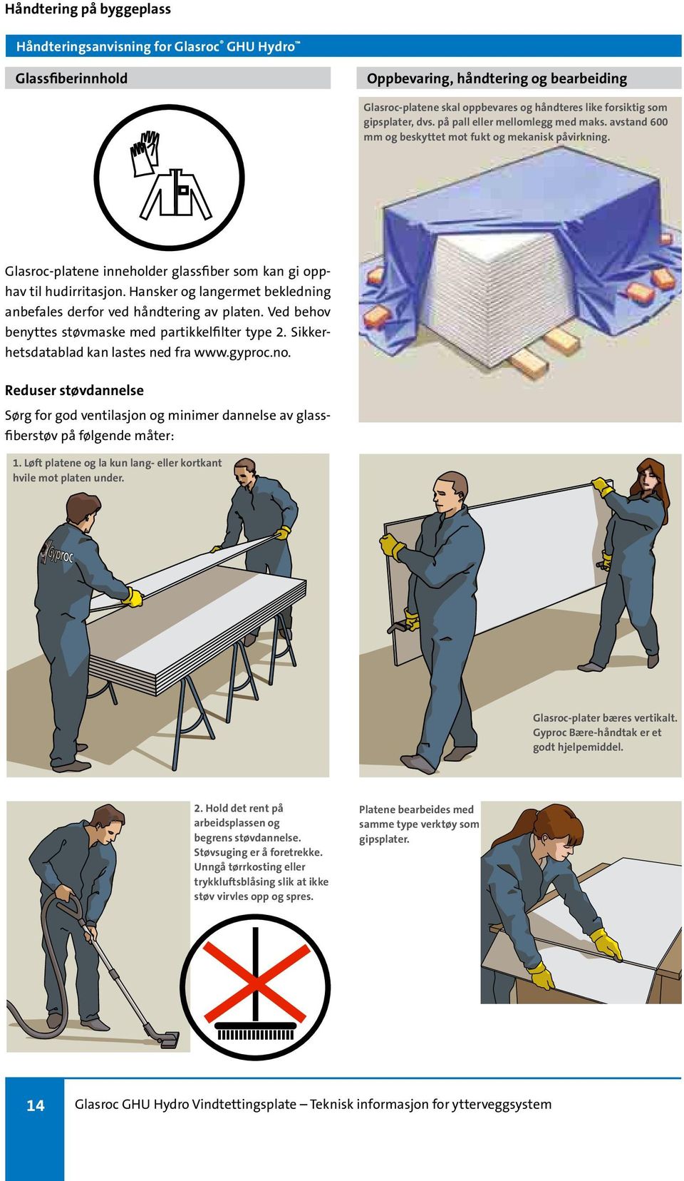 Hansker og langermet bekledning anbefales derfor ved håndtering av platen. Ved behov benyttes støvmaske med partikkelfilter type 2. Sikkerhetsdatablad kan lastes ned fra www.gyproc.no.