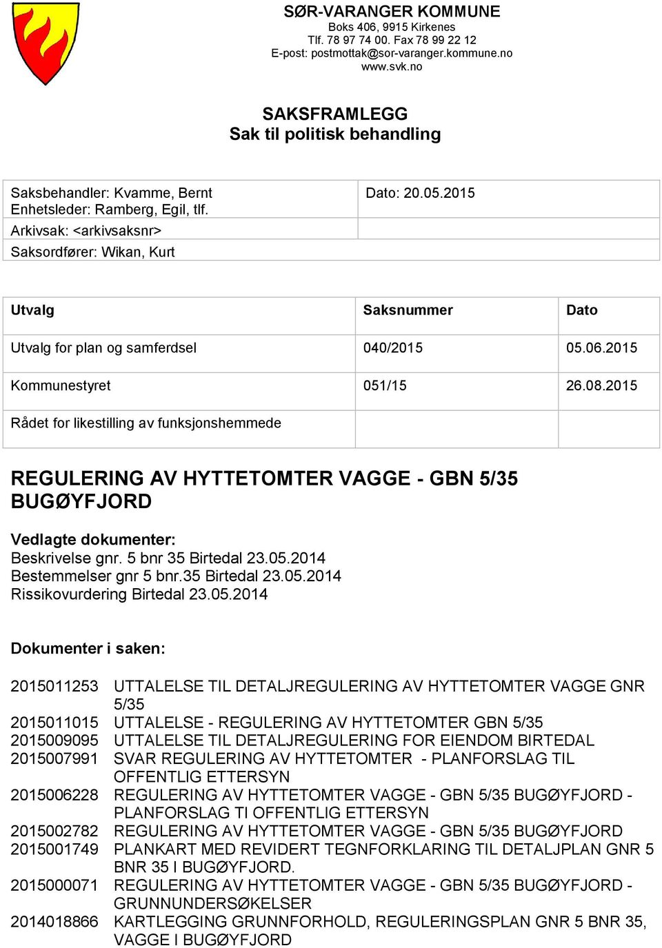 2015 Utvalg Saksnummer Dato Utvalg for plan og samferdsel 040/2015 05.06.2015 Kommunestyret 051/15 26.08.