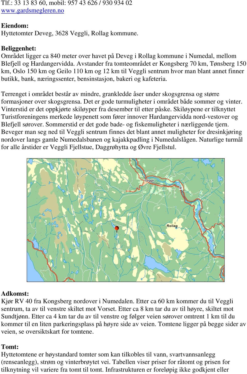 Avstander fra tomteområdet er Kongsberg 70 km, Tønsberg 150 km, Oslo 150 km og Geilo 110 km og 12 km til Veggli sentrum hvor man blant annet finner butikk, bank, næringssenter, bensinstasjon, bakeri