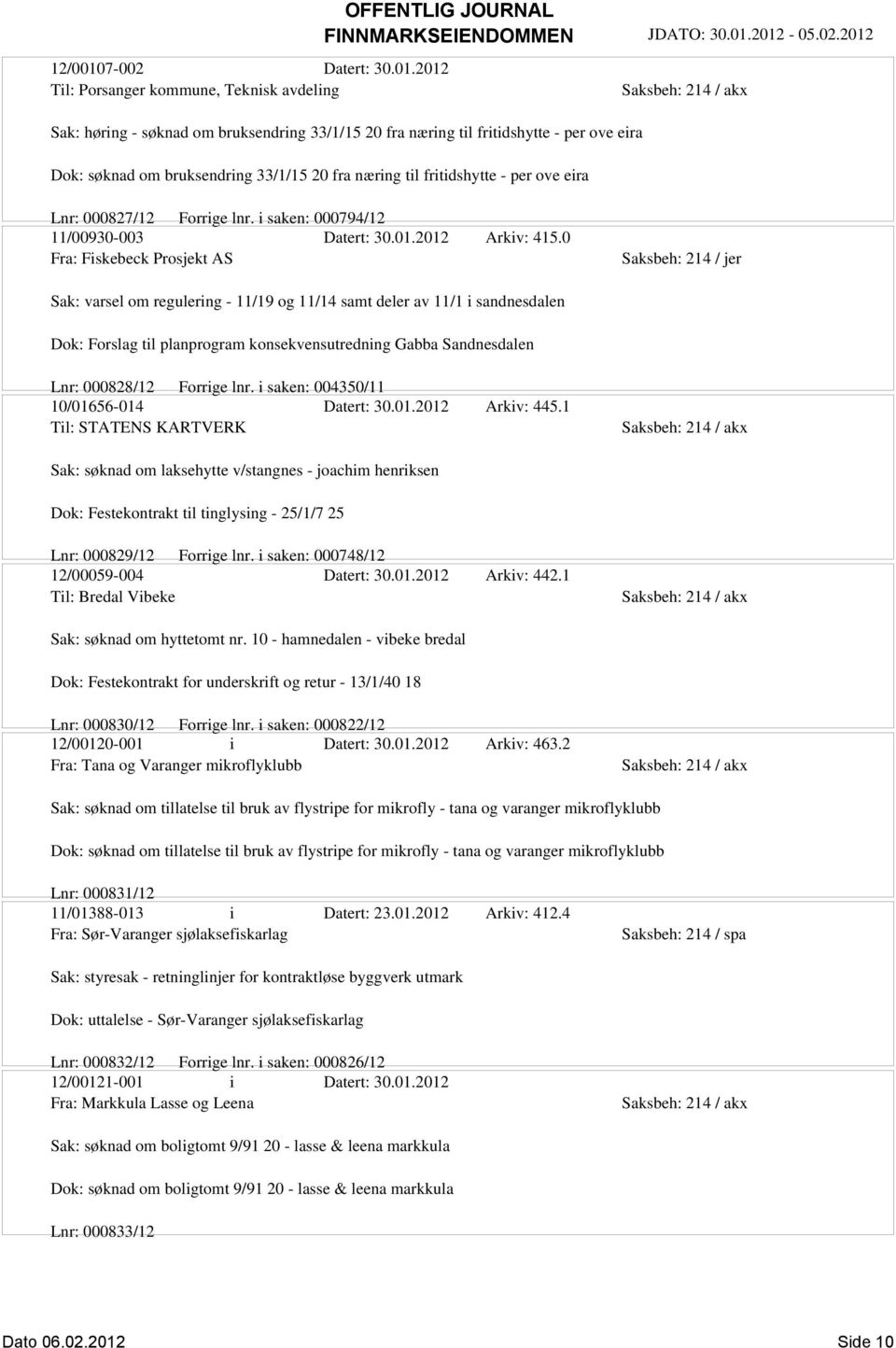 2012 Til: Porsanger kommune, Teknisk avdeling Sak: høring - søknad om bruksendring 33/1/15 20 fra næring til fritidshytte - per ove eira Dok: søknad om bruksendring 33/1/15 20 fra næring til