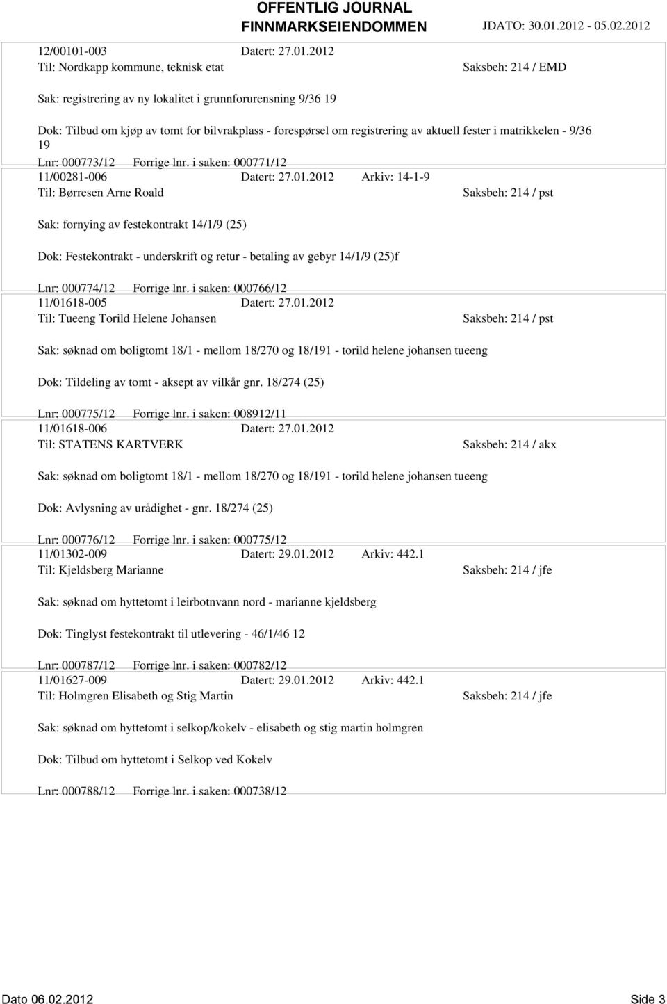 2012 Til: Nordkapp kommune, teknisk etat Sak: registrering av ny lokalitet i grunnforurensning 9/36 19 Saksbeh: 214 / EMD Dok: Tilbud om kjøp av tomt for bilvrakplass - forespørsel om registrering av