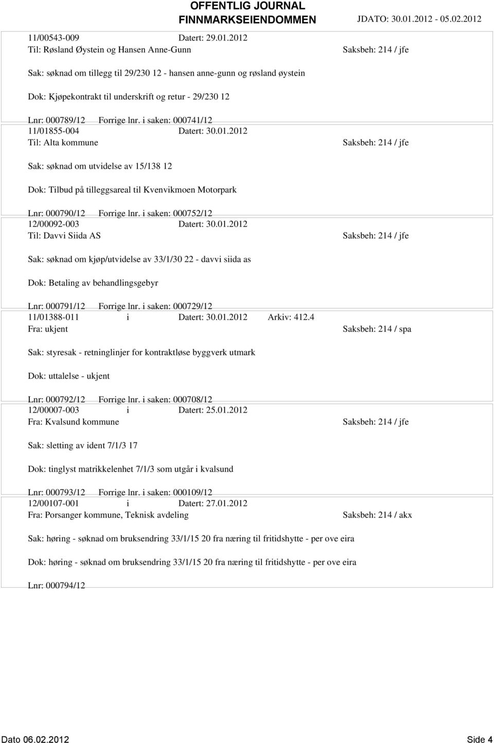 lnr. i saken: 000741/12 11/01855-004 Datert: 30.01.2012 Til: Alta kommune Sak: søknad om utvidelse av 15/138 12 Dok: Tilbud på tilleggsareal til Kvenvikmoen Motorpark Lnr: 000790/12 Forrige lnr.