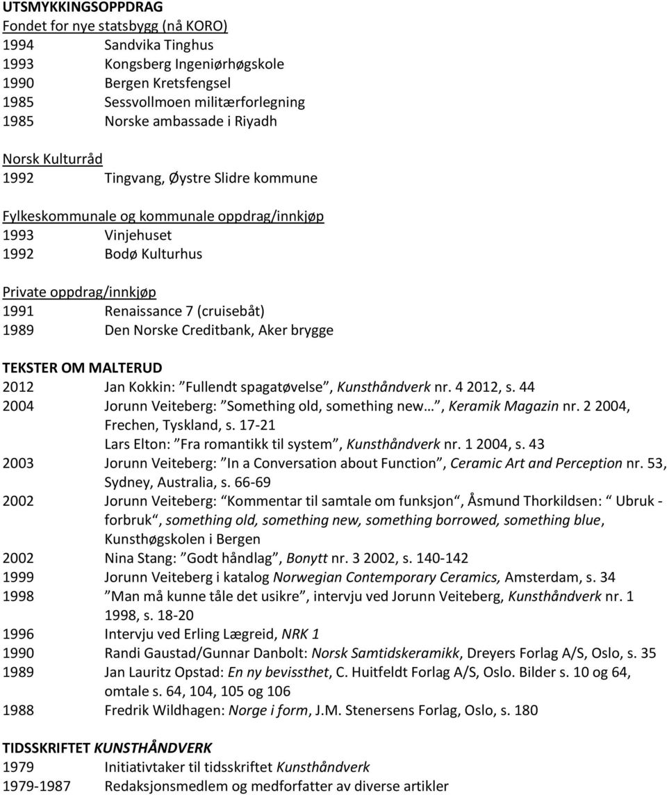 Norske Creditbank, Aker brygge TEKSTER OM MALTERUD 2012 Jan Kokkin: Fullendt spagatøvelse, Kunsthåndverk nr. 4 2012, s. 44 2004 Jorunn Veiteberg: Something old, something new, Keramik Magazin nr.