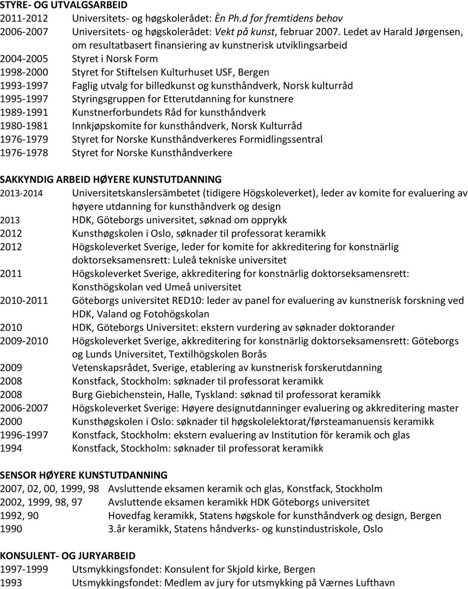 for billedkunst og kunsthåndverk, Norsk kulturråd 1995-1997 Styringsgruppen for Etterutdanning for kunstnere 1989-1991 Kunstnerforbundets Råd for kunsthåndverk 1980-1981 Innkjøpskomite for