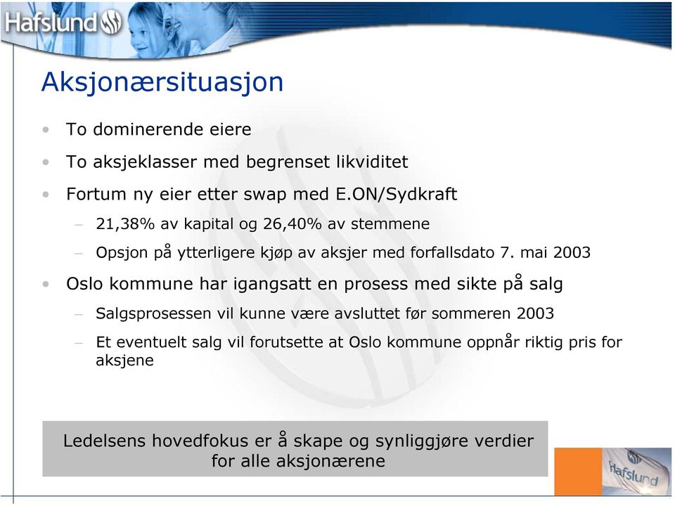 mai 2003 Oslo kommune har igangsatt en prosess med sikte på salg Salgsprosessen vil kunne være avsluttet før sommeren 2003