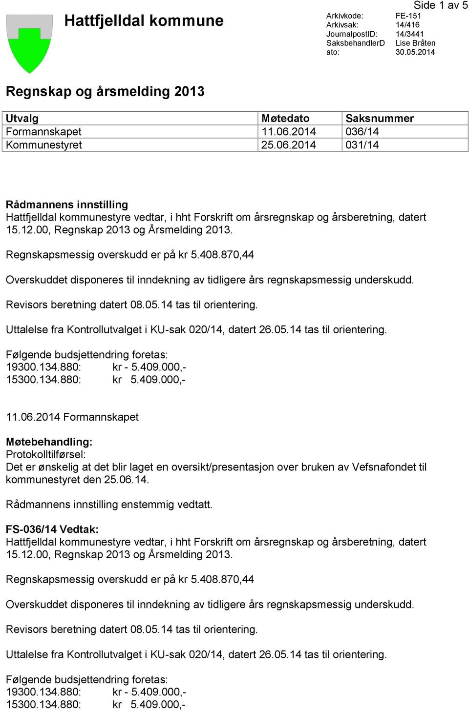 06.2014 Formannskapet Møtebehandling: Protokolltilførsel: Det er ønskelig at det blir laget en oversikt/presentasjon over bruken