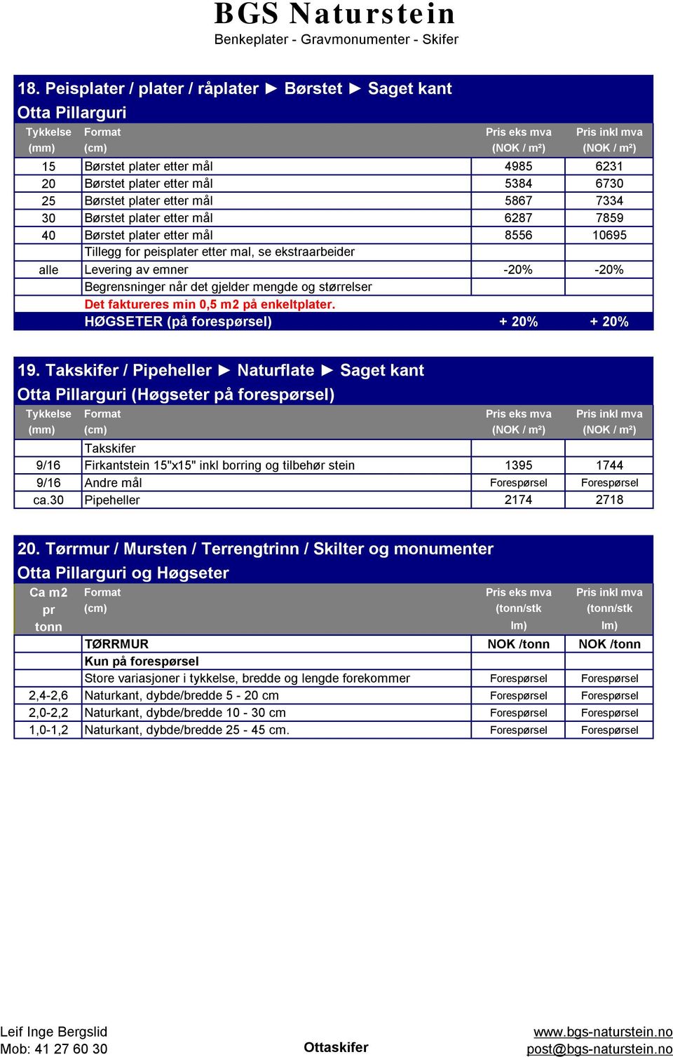forespørsel) + 20% + 20% 19. Takskifer / Pipeheller Naturflate Saget kant Takskifer 9/16 Firkantstein "x" inkl borring og tilbehør stein 1395 1744 9/16 Andre mål Forespørsel Forespørsel ca.