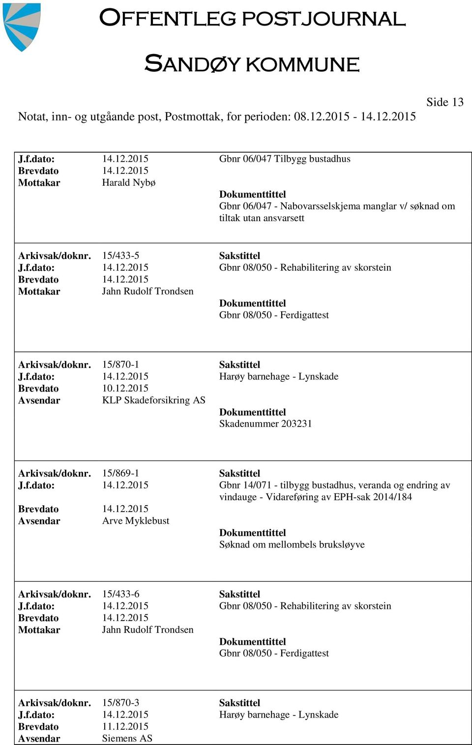 2015 Harøy barnehage - Lynskade KLP Skadeforsikring AS Skadenummer 203231 Arkivsak/doknr. 15/869-1 Sakstittel J.f.dato: 14.12.
