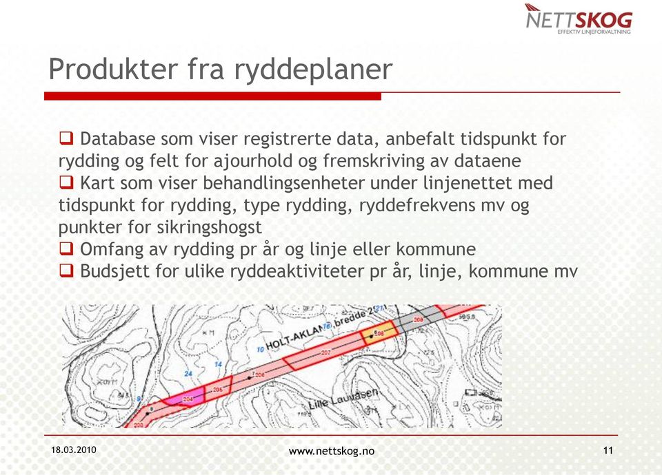 tidspunkt for rydding, type rydding, ryddefrekvens mv og punkter for sikringshogst Omfang av rydding pr