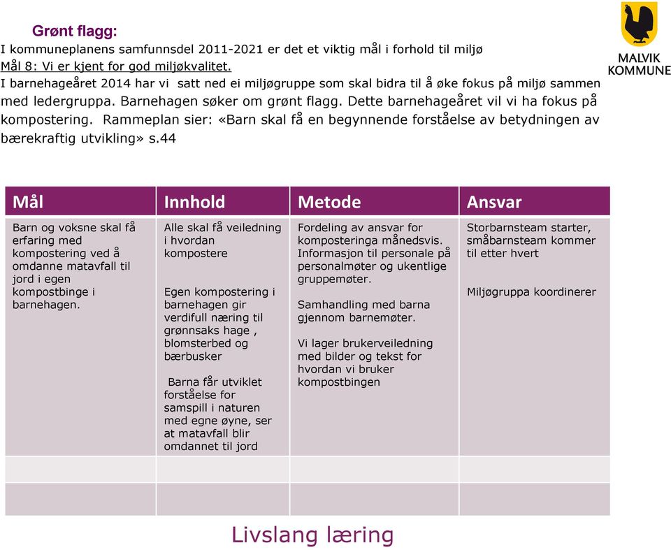 Dette barnehageåret vil vi ha fokus på kompostering. Rammeplan sier: «Barn skal få en begynnende forståelse av betydningen av bærekraftig utvikling» s.