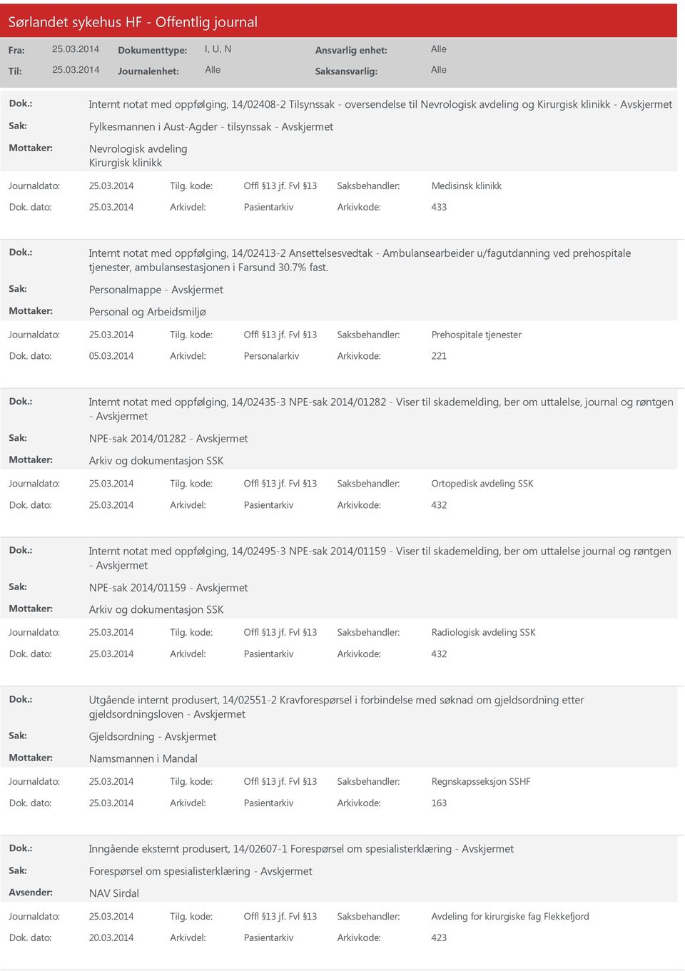 dato: Arkivdel: Pasientarkiv Arkivkode: 433 Internt notat med oppfølging, 14/02413-2 Ansettelsesvedtak - Ambulansearbeider u/fagutdanning ved prehospitale tjenester, ambulansestasjonen i Farsund 30.