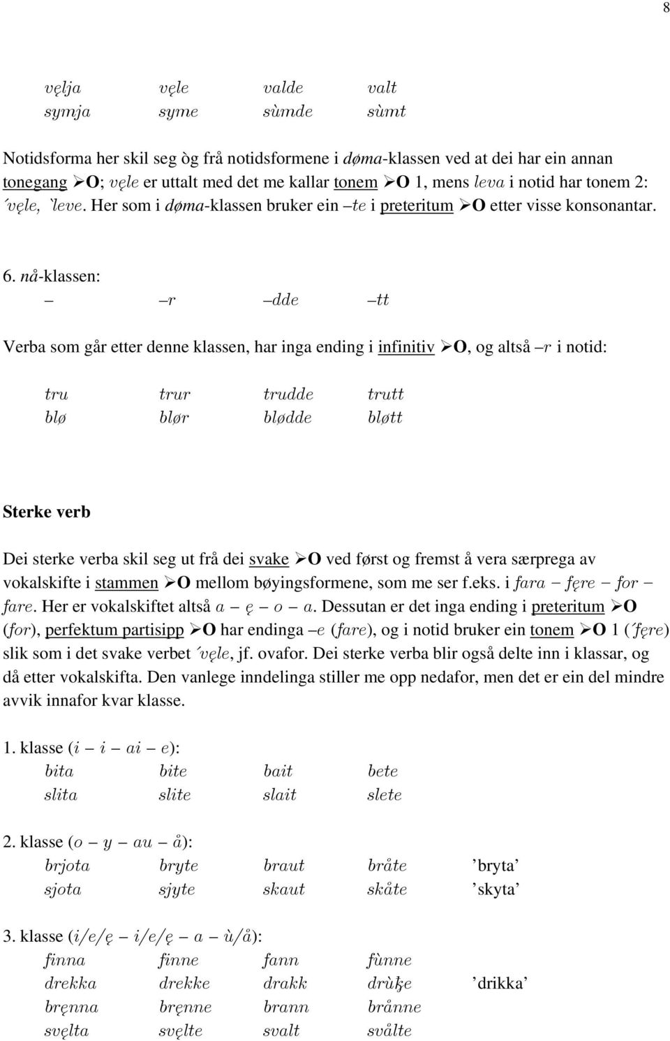 nå-klassen: r dde tt Verba som går etter denne klassen, har inga ending i infinitiv O, og altså r i notid: tru trur trudde trutt blø blør blødde bløtt Sterke verb Dei sterke verba skil seg ut frå dei