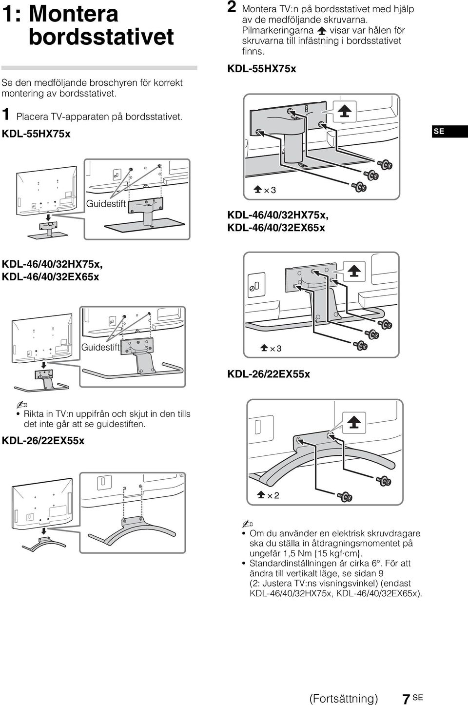 KDL-55HX75x SE Guidestift KDL-46/40/32HX75x, KDL-46/40/32EX65x KDL-46/40/32HX75x, KDL-46/40/32EX65x Guidestift KDL-26/22EX55x Rikta in TV:n uppifrån och skjut in den tills det inte går att se