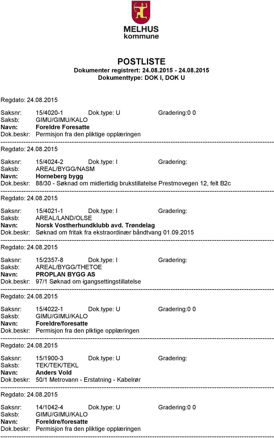 beskr: Søknad om fritak fra ekstraordinær båndtvang 01.09.2015 Saksnr: 15/2357-8 Dok.type: I Gradering: Saksb: AREAL/BYGG/THETOE Navn: PROPLAN BYGG AS Dok.